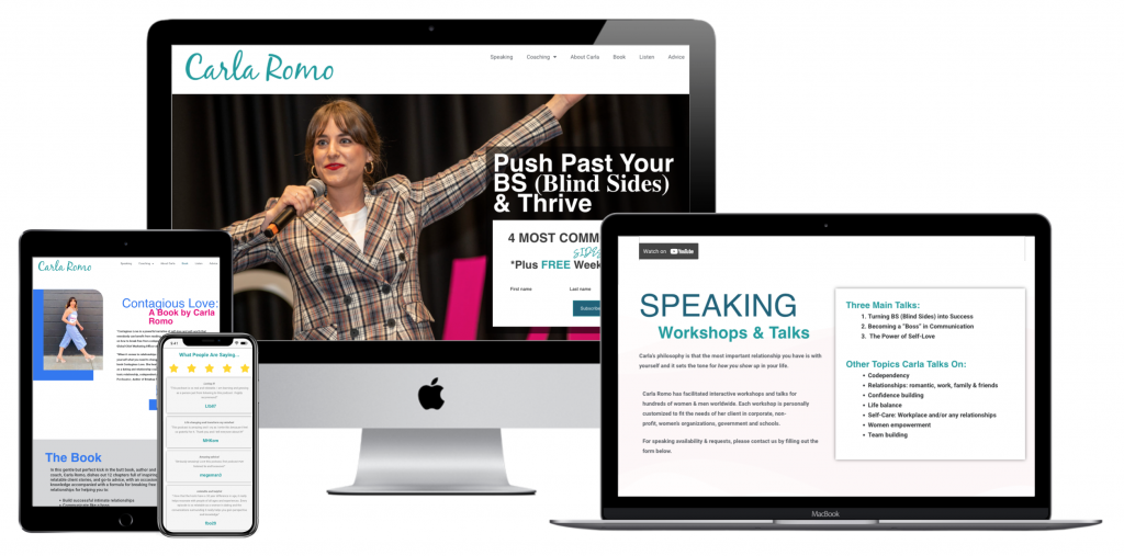 A display showing the website of our Client "Carla Romo" showing its styling on Pc, Mac, phone, and tablet.