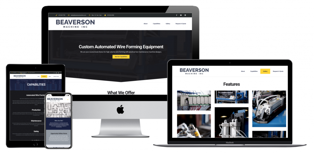 A display showing the website of our Client "Beverson Machine" showing its styling on Pc, Mac, phone, and tablet.