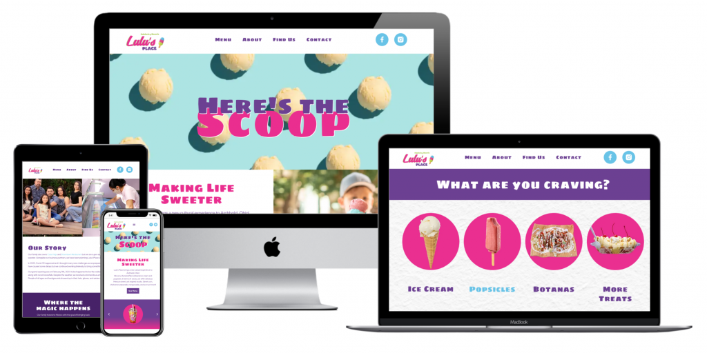 A display showing the website of our Client "Lulus Place" showing its styling on Pc, Mac, phone, and tablet.